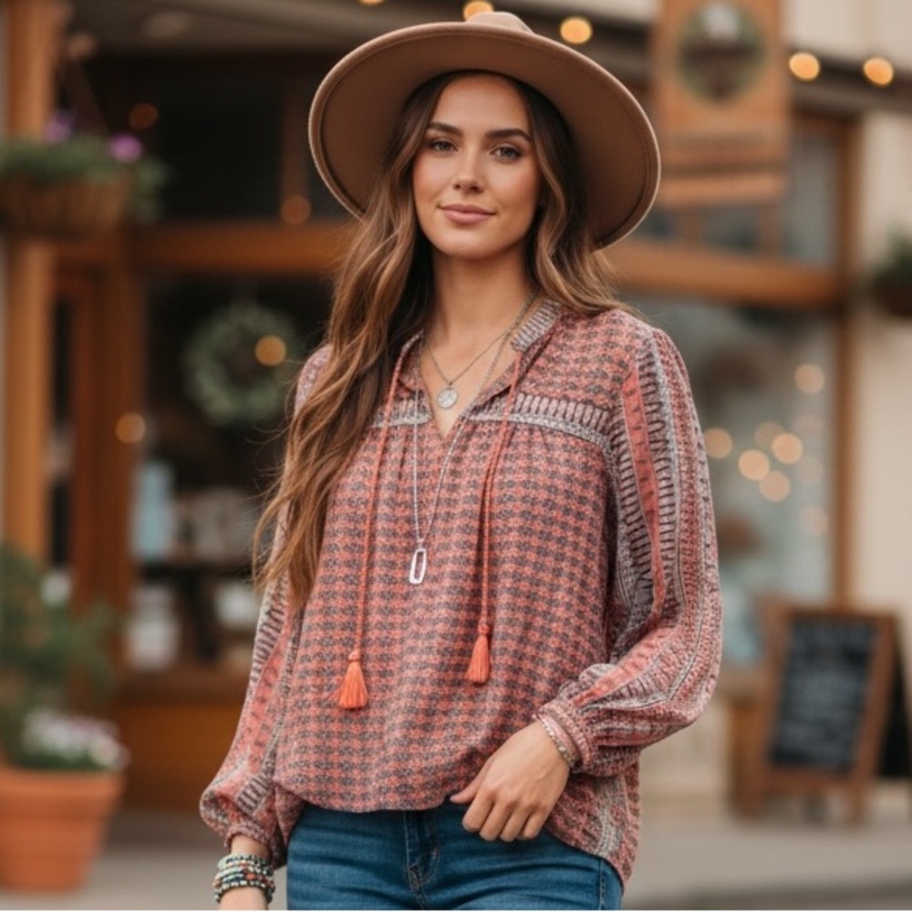 Lucky Brand Coral and Gray Patterned Blouse